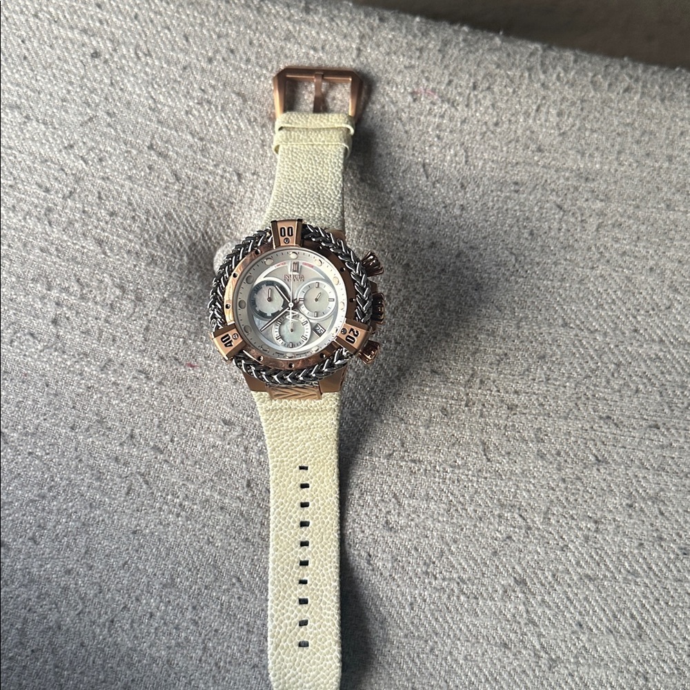 Two-Tone Chronograph Watch with Beige Strap